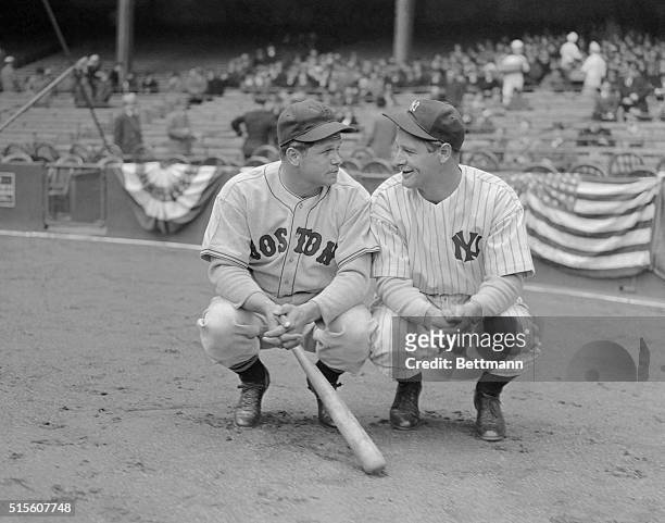 Two of the American League's home run hitters, Jimmy Foxx, left, of the Boston Red Sox, and Lou Gehrig, of the New York Yankees, met for the first...
