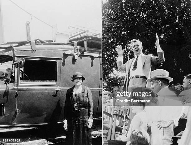 Composite photo shows at left Mrs. Hattie Caraway, U.S. Senator from Arkansas, with sound truck used in her campaign for reelection as Senator. At...
