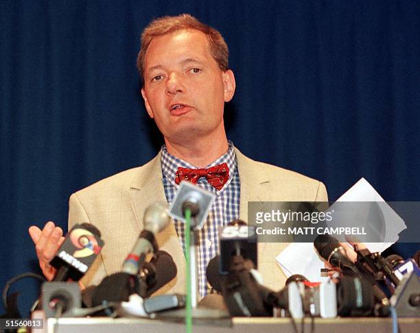 Air France Vice President and General Manager Christopher Korenke addresses the news media at a press conference 25 July 2000 at John F. Kennedy...