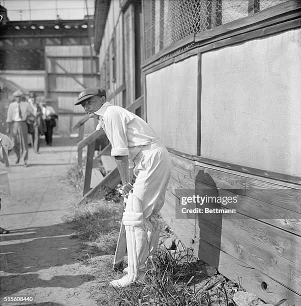 New York: Don Bradman, star batsman of the Australian cricket team, shown during the opening match of the Australians campaign in the United States...