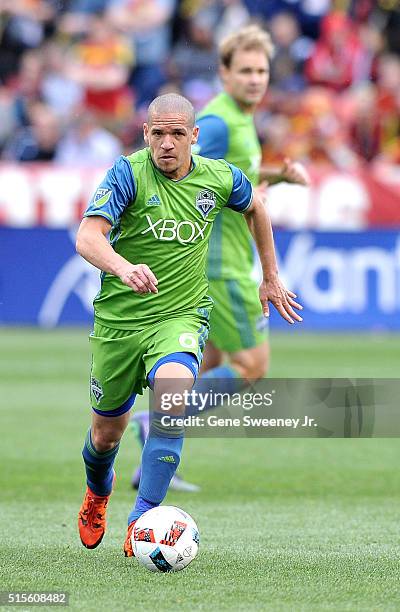 Osvaldo Alonso of Seattle Sounders FC dribbles the ball in the game against Real Salt Lake at Rio Tinto Stadium on March 12, 2016 in Sandy, Utah.