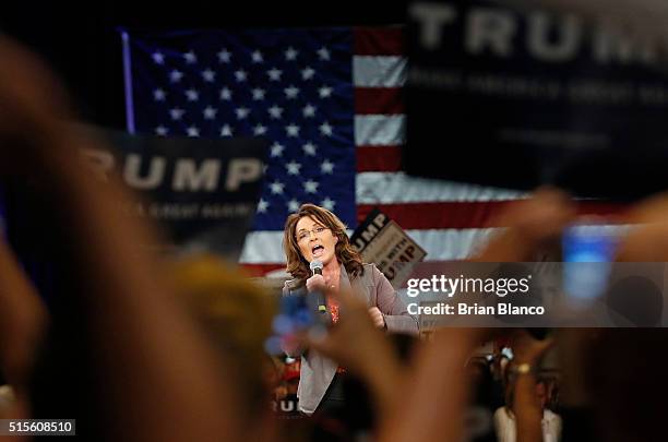 Former Alaska Governor Sarah Palin speaks on stage prior to Republican presidential candidate Donald Trump's town hall meeting on March 14, 2016 at...