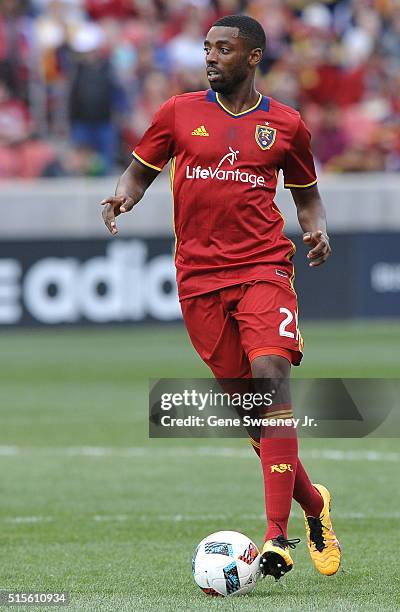 Aaron Maund of Real Salt Lake dribbles the ball against Seattle Sounders FC at Rio Tinto Stadium on March 12, 2016 in Sandy, Utah.