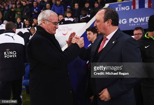 Claudio Ranieri manager of Leicester City and Rafael Benitez manager of Newcastle United shake hands prior to the Barclays Premier League match...