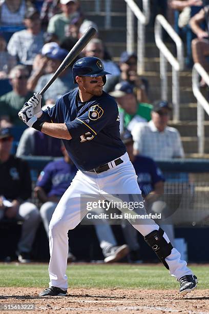 Will Middlebrooks of the Milwaukee Brewers bats against the Colorado Rockies at Maryvale Baseball Park on March 12, 2016 in Phoenix, Arizona.