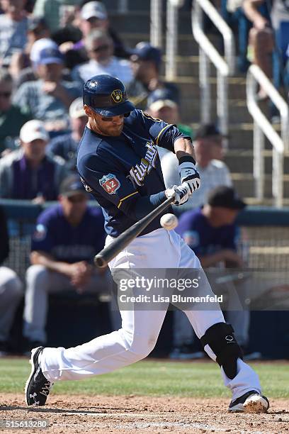 Will Middlebrooks of the Milwaukee Brewers bats against the Colorado Rockies at Maryvale Baseball Park on March 12, 2016 in Phoenix, Arizona.