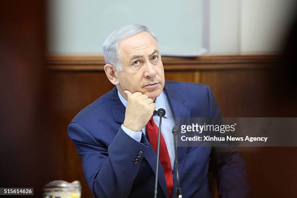 March 13, 2016 -- Israeli Prime Minister Benjamin Netanyahu attends the weekly cabinet meeting at his Jerusalem office, March 13, 2016. Israel called...