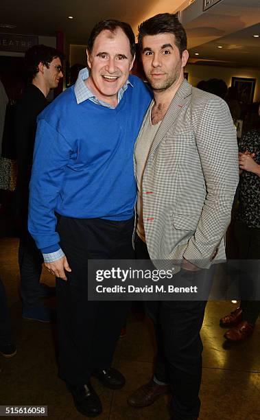 Richard Kind and cast member Simon Lipkin attend the press night after party for "Miss Atomic Bomb" at the St James Theatre on March 14, 2016 in...