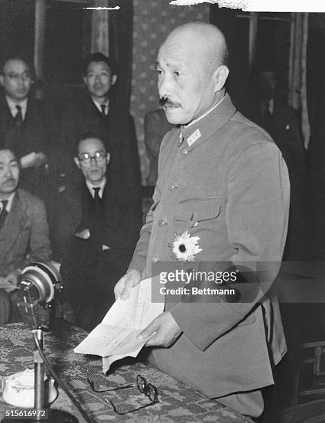 Late photograph of Japanese Premier General Hideki Tojo, who reported that the U.S. Pacific fleet was virtually destroyed and the British Far Eastern...
