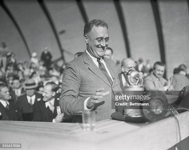 Franklin D. Roosevelt, Governor of New York, speaking at Los Angeles during his campaign for the presidency in 1932.