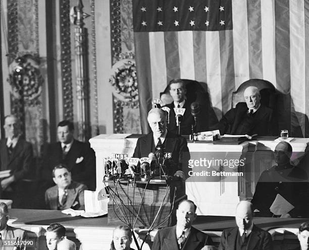 President Franklin D. Roosevelt is pictured during the dramatic moments before the joint session of Congress, December 8th, as he asked Congress to...