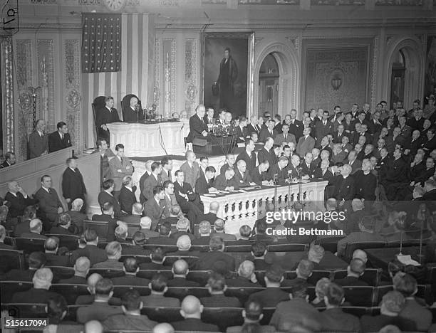 Looking down into the well of the House Chamber as President Roosevelt asked the joint session of Congress for a declaration of war against Japan....
