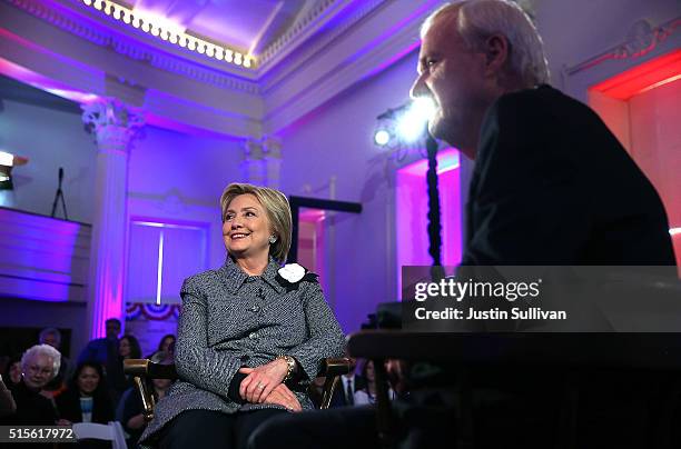 Democratic presidential candidate former Secretary of State Hillary Clinton sits with Chris Matthews on the set of the MSNBC Hillary Clinton Town...
