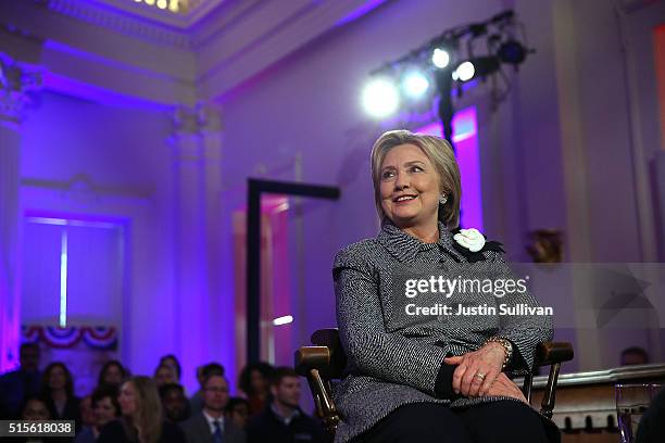 Democratic presidential candidate former Secretary of State Hillary Clinton sits on the set of the MSNBC Hillary Clinton Town Hall with Chris...