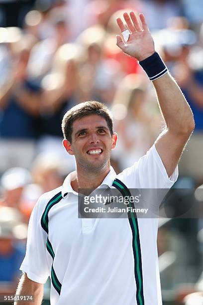 Federico Delbonis of Argentina celebrates defeating Andy Murray of Great Britain during day eight of the BNP Paribas Open at Indian Wells Tennis...