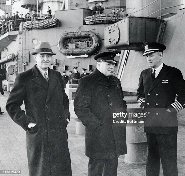 Aboard the new British battleship Duke of York on which Prime Minister Winston Churchill made his recent crossing to America, as the vessel entered...