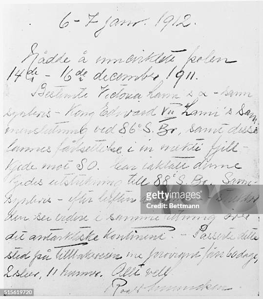 This note left by Norwegian explorer Roald Amundsen in a rock cairn near the South Pole on January 6 twenty-three days after his discovery of the...
