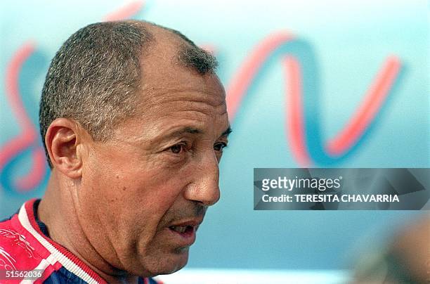 Guatemalan technical coach of the World Cup selection, Julio Cesar "el Pocho" Cortes, who is an Uruguayan, speaks to the press 12 August 2000 in San...
