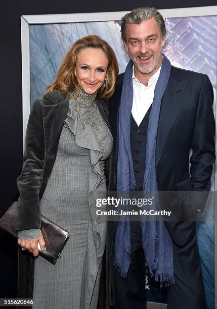 Actor Ray Stevenson and Elisabetta Caraccia attend the New York premiere of "Allegiant" at the AMC Lincoln Square Theater on March 14, 2016 in New...