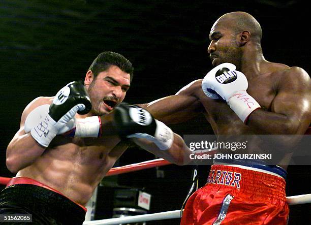 Boxer Evander Holyfield of Atlanta, GA , and compatriot John Ruiz of Chelsea, MA, exchange blows during their WBA heavyweight championship fight 12...