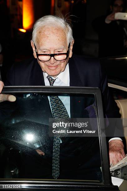 Pierre Cardin attends has the signature of the book 'Espace Cardin' by Jean-Pascal Hesse at Espace Pierre Cardin on March 14, 2016 in Paris, France.