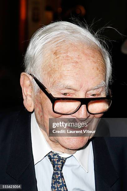 Pierre Cardin attends has the signature of the book 'Espace Cardin' by Jean-Pascal Hesse at Espace Pierre Cardin on March 14, 2016 in Paris, France.