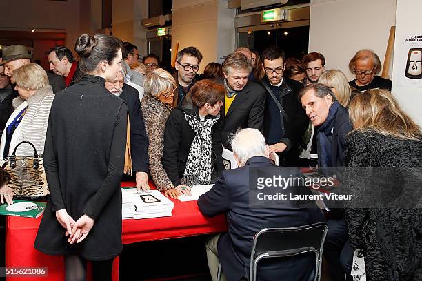Pierre Cardin attends has the signature of the book 'Espace Cardin' by Jean-Pascal Hesse at Espace Pierre Cardin on March 14, 2016 in Paris, France.