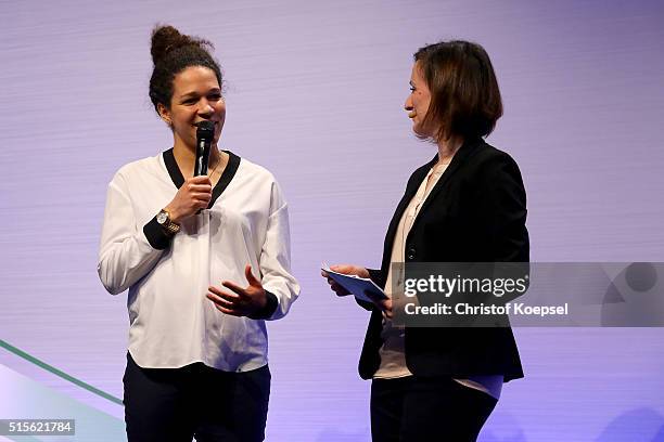 Selia Sasis speaks to moderator Asli Sevindim attend the DFB & Mercedes Benz Integration Prize Award Gala at German Football Museum on March 14, 2016...