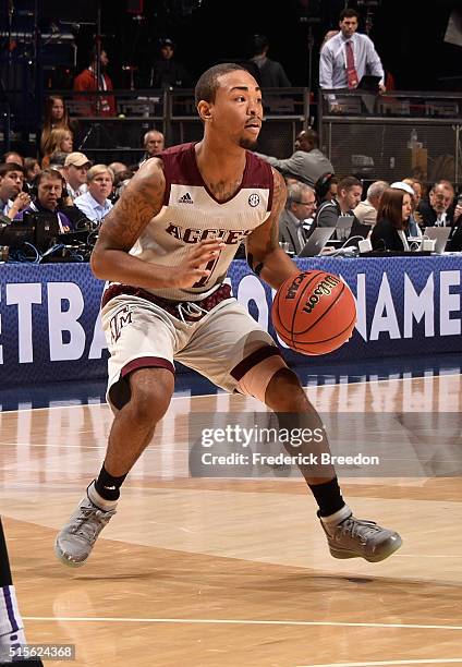 Anthony Collins of the Texas A&M Aggies plays against the LSU Tigers in an SEC Basketball Tournament Semifinals game at Bridgestone Arena on March...