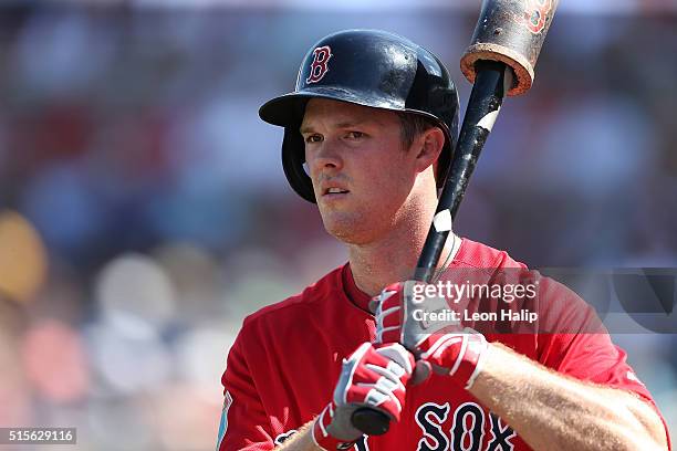 Brennan Boesch of the Boston Red Sox gets ready to bat during the Spring Training Game against the Pittsburgh Pirates on March 14, 2016 during the...