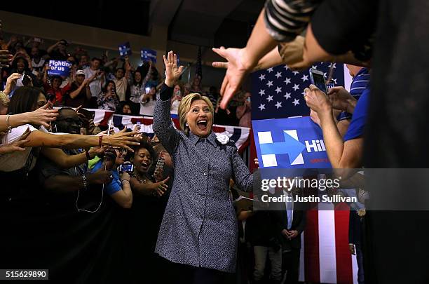 Democratic presidential candidate former Secretary of State Hillary Clinton greets supporters during a Get Out the Vote event at Grady Cole Center on...