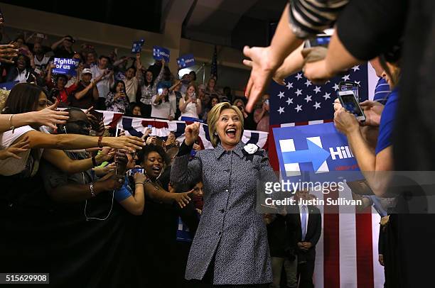 Democratic presidential candidate former Secretary of State Hillary Clinton greets supporters during a Get Out the Vote event at Grady Cole Center on...