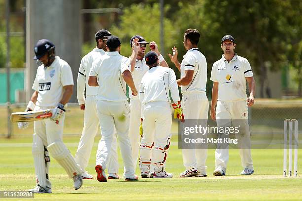 Marcus Stoinis of the Bushrangers celebrates with team mates after taking the wicket of Ed Cowan of the Blues during day one of the Sheffield Shield...