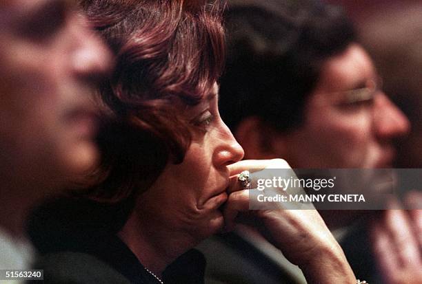 Janice Watson, whose daughter Jill was killed in the TWA 800 plane crash 17 July 1996, cries as she listens to National Transportation Safety Board...