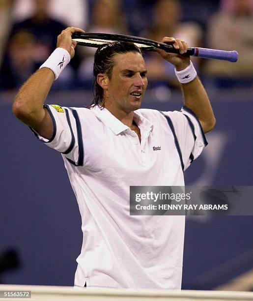 Patrick Rafter of Australia reacts to loosing a point in his match against Galo Blanco of Spain 29 August 2000 at the US Open Tennis Tournament in...