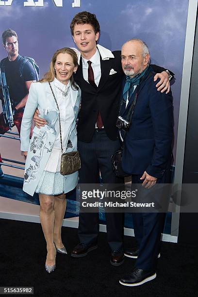 Grethe Barrett Holby, actor Ansel Elgort and Arthur Elgort attend the "Allegiant" New York premiere at AMC Lincoln Square Theater on March 14, 2016...
