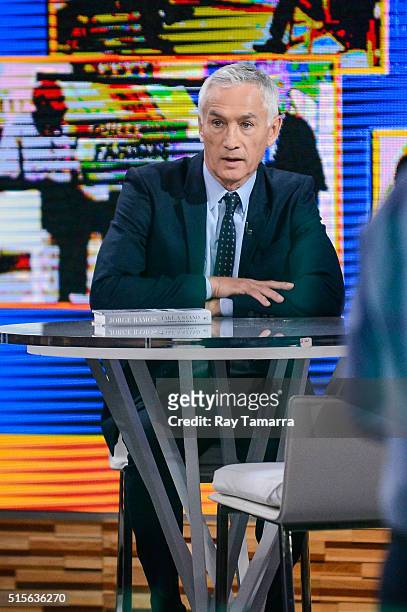 Television journalist Jorge Ramos tapes an interview at "Good Morning America" at the ABC Times Square Studios on March 14, 2016 in New York City.