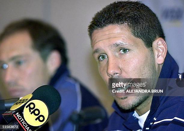Argentine soccer player, Diego Simeone responds to a question during a press conference in Lima, Peru, 02 September 2000. Argentina will play Peru...