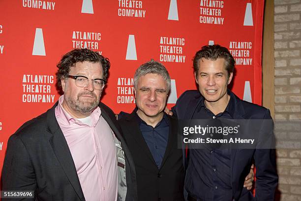 Kenneth Lonergan, Neil Pepe and Timothy Olyphant attend the "Hold On To Me Darling" opening night after party at The Gallery at The Dream Downtown...