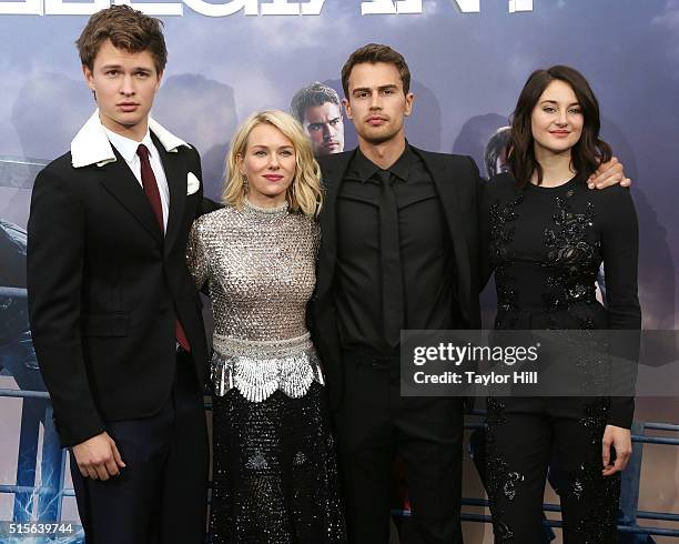 Ansel Elgort, Naomi Watts, Theo James, and Shailene Woodley attend the 'Allegiant' New York premiere at AMC Loews Lincoln Square 13 theater on March...