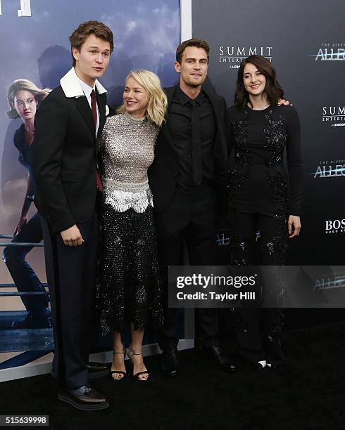 Ansel Elgort, Naomi Watts, Theo James, and Shailene Woodley attend the 'Allegiant' New York premiere at AMC Loews Lincoln Square 13 theater on March...