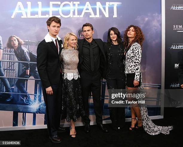 Ansel Elgort, Naomi Watts, Theo James, Shailene Woodley, and Nadia Hilker attend the 'Allegiant' New York premiere at AMC Loews Lincoln Square 13...