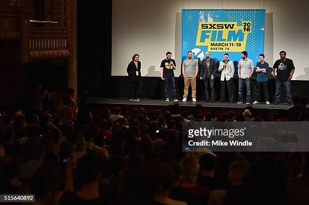 The cast and crew of "Sausage Party " speak onstage at the premiere of their film during the 2016 SXSW Music, Film + Interactive Festival at...