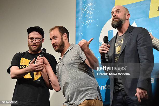 Seth Rogen, Evan Goldberg and Conrad Vernon attend the premiere of "Sausage Party " during the 2016 SXSW Music, Film + Interactive Festival at...
