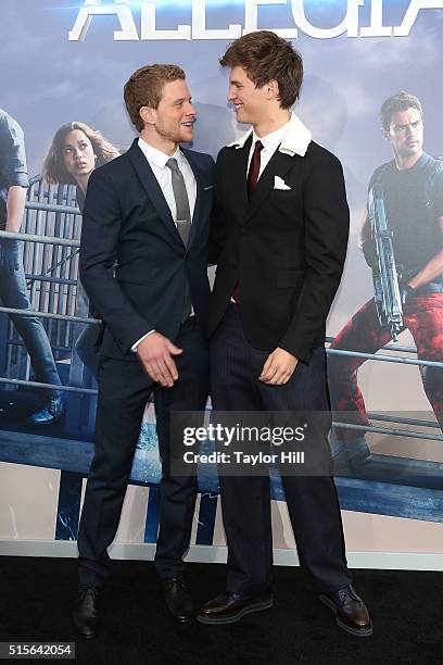 Jonny Weston and Ansel Elgort attend the 'Allegiant' New York premiere at AMC Lincoln Square Theater on March 14, 2016 in New York City.