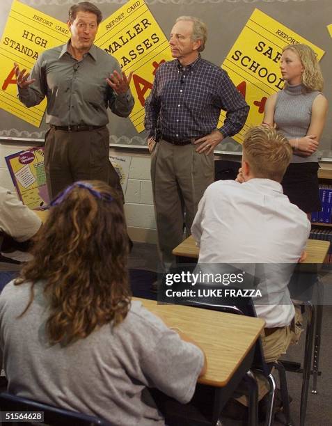 Vice President and Democratic presidential candidate Al Gore and his running mate US Senator Joe Lieberman , D-CT, participate in a classroom...