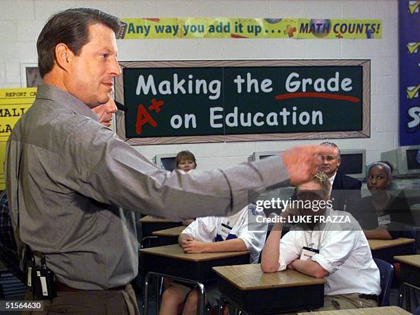 Vice President and Democratic presidential candidate Al Gore and his running mate US Senator Joe Lieberman, D-CT, participate in a classroom...