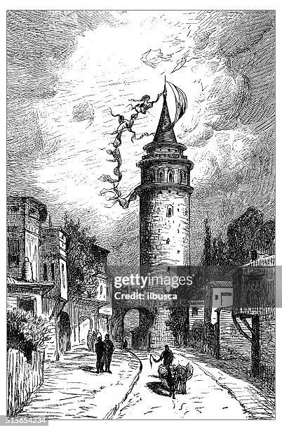 antique illustration of galata tower (istanbul, turkey) - istanbul stock illustrations
