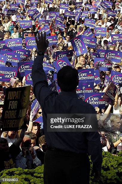 Democratic presidential candidate US Vice President Al Gore faces a sea of campaign posters introduced at a rally for better health care coverage in...