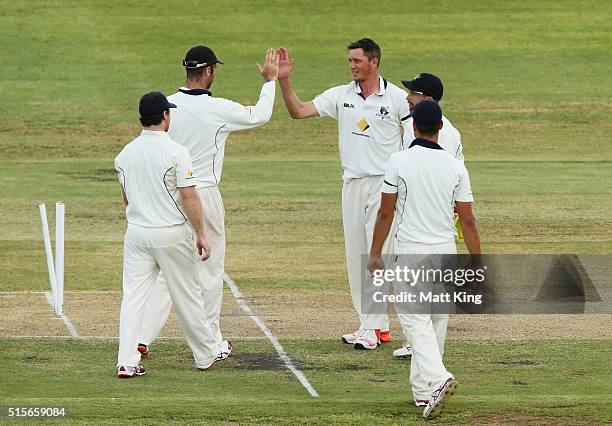 Chris Tremain of the Bushrangers celebrates with team mates after taking the wicket of Trent Copeland of the Blues during day one of the Sheffield...